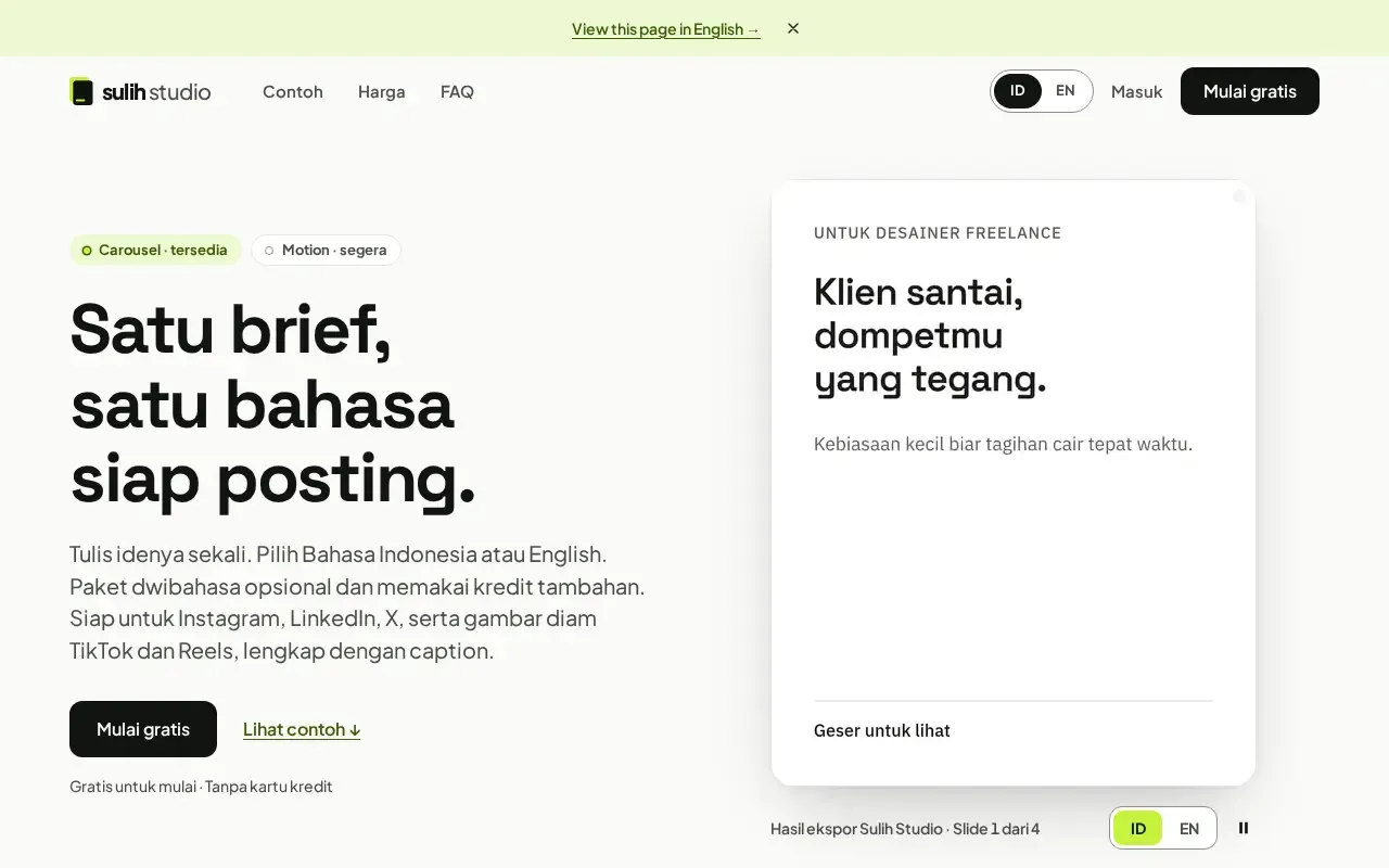 Sulih Studio home page: headline "Satu brief, satu bahasa siap posting." next to a sample carousel slide.