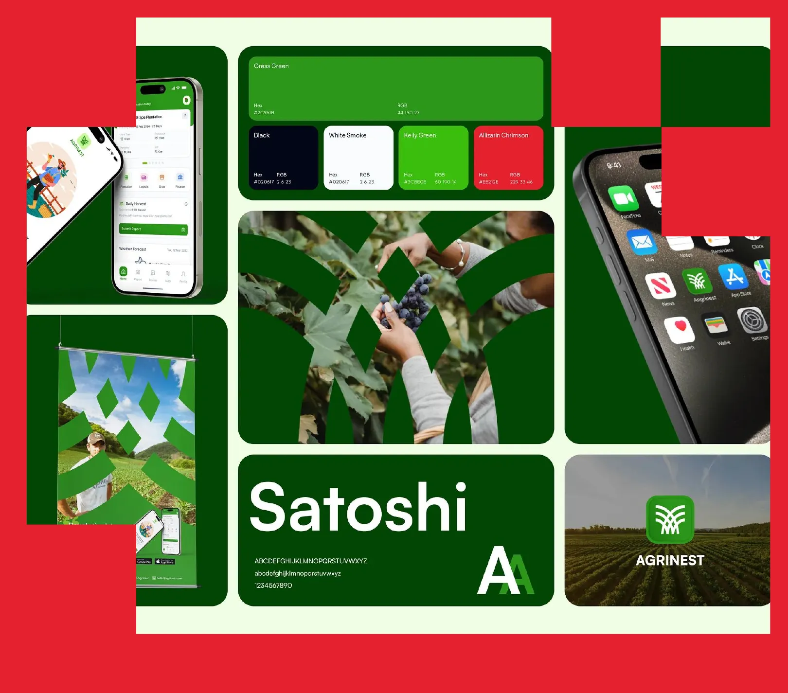 Agrinest brand concept collage: green app screens, the Satoshi typeface specimen and the Agrinest logo mark