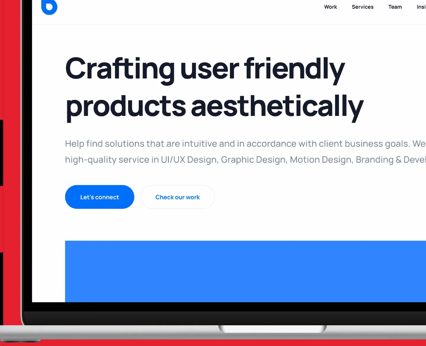 Dipa Inhouse website on a laptop: “Crafting user friendly products aesthetically” with blue call-to-action buttons
