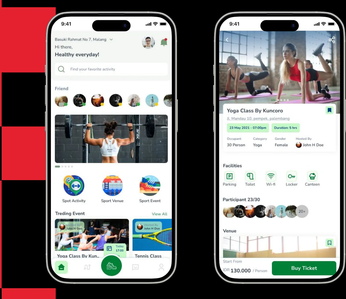 Two ESPOT mobile app screens on phones: sport activity feed and a yoga class booking page
