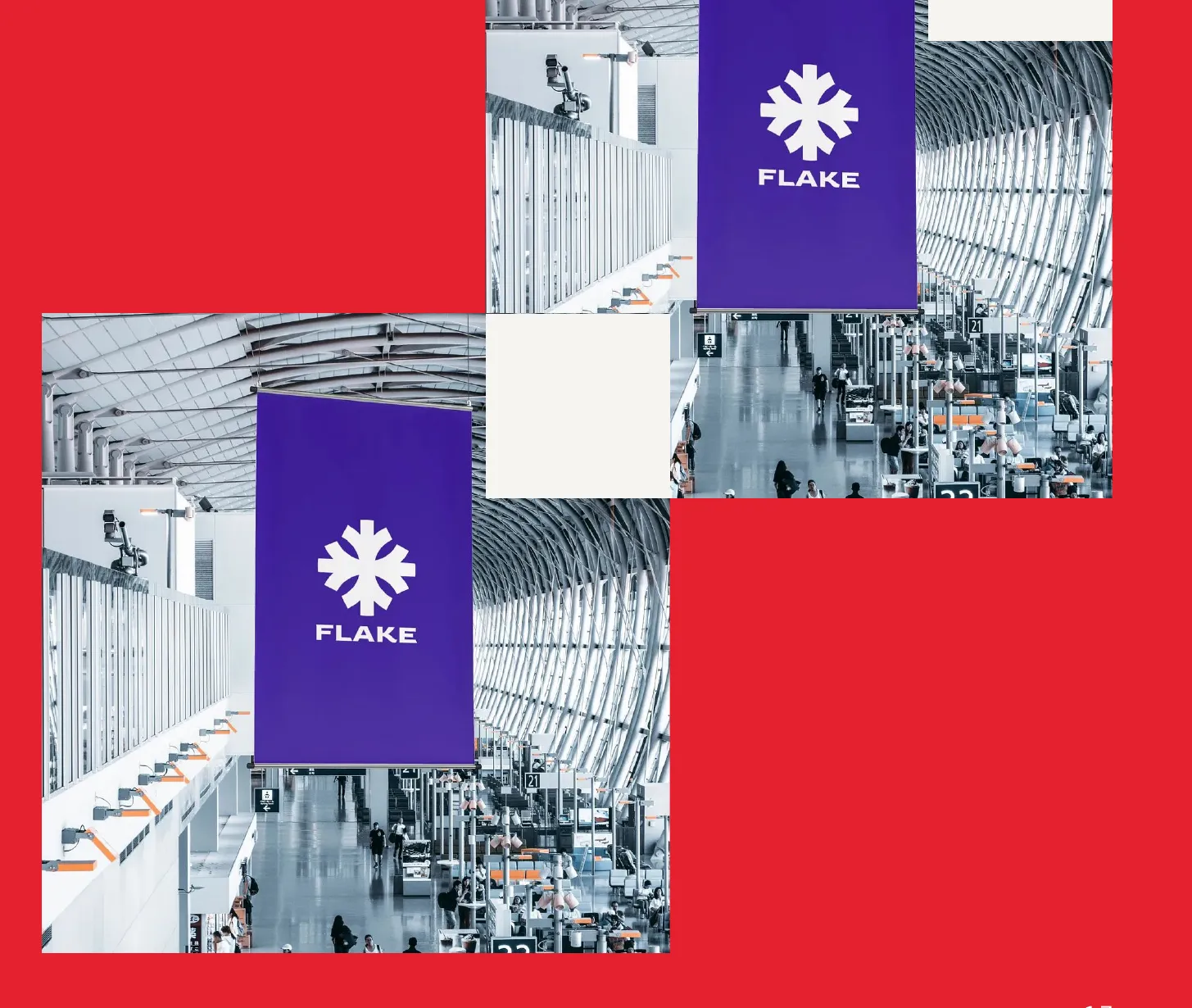 Flake brand concept: purple banners with a white snowflake logo hanging in a modern atrium