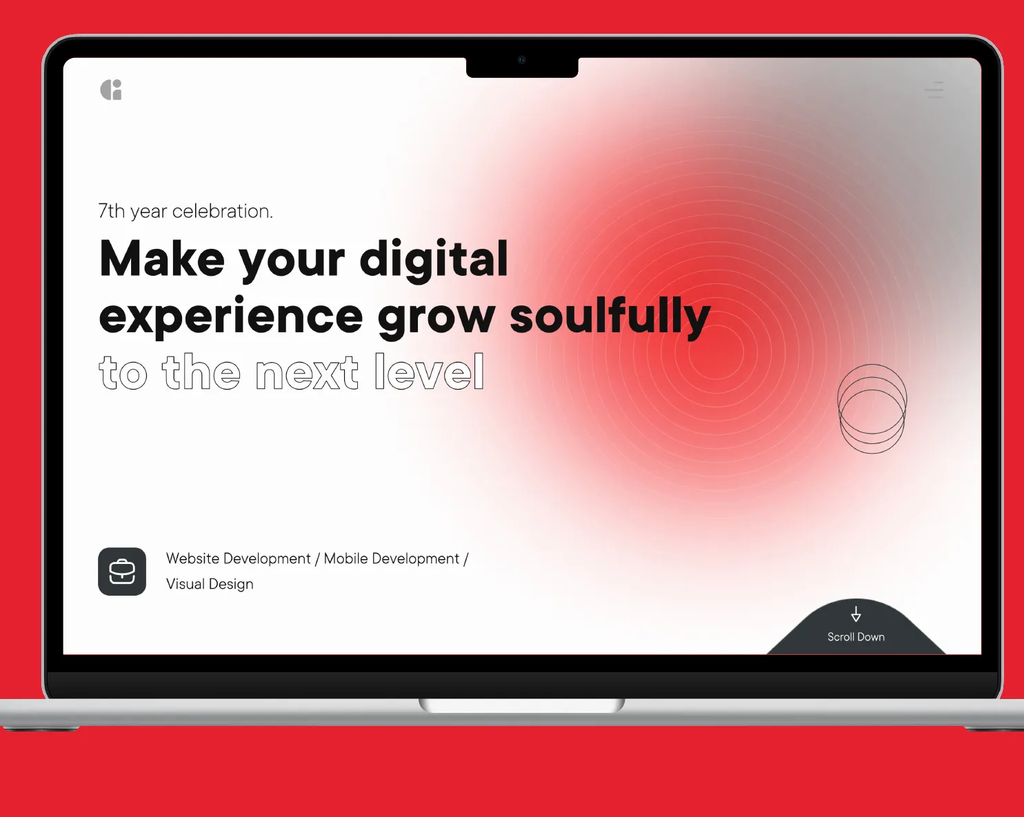 Inagata Technosmith landing page on a laptop: “Make your digital experience grow soulfully” with a red gradient glow