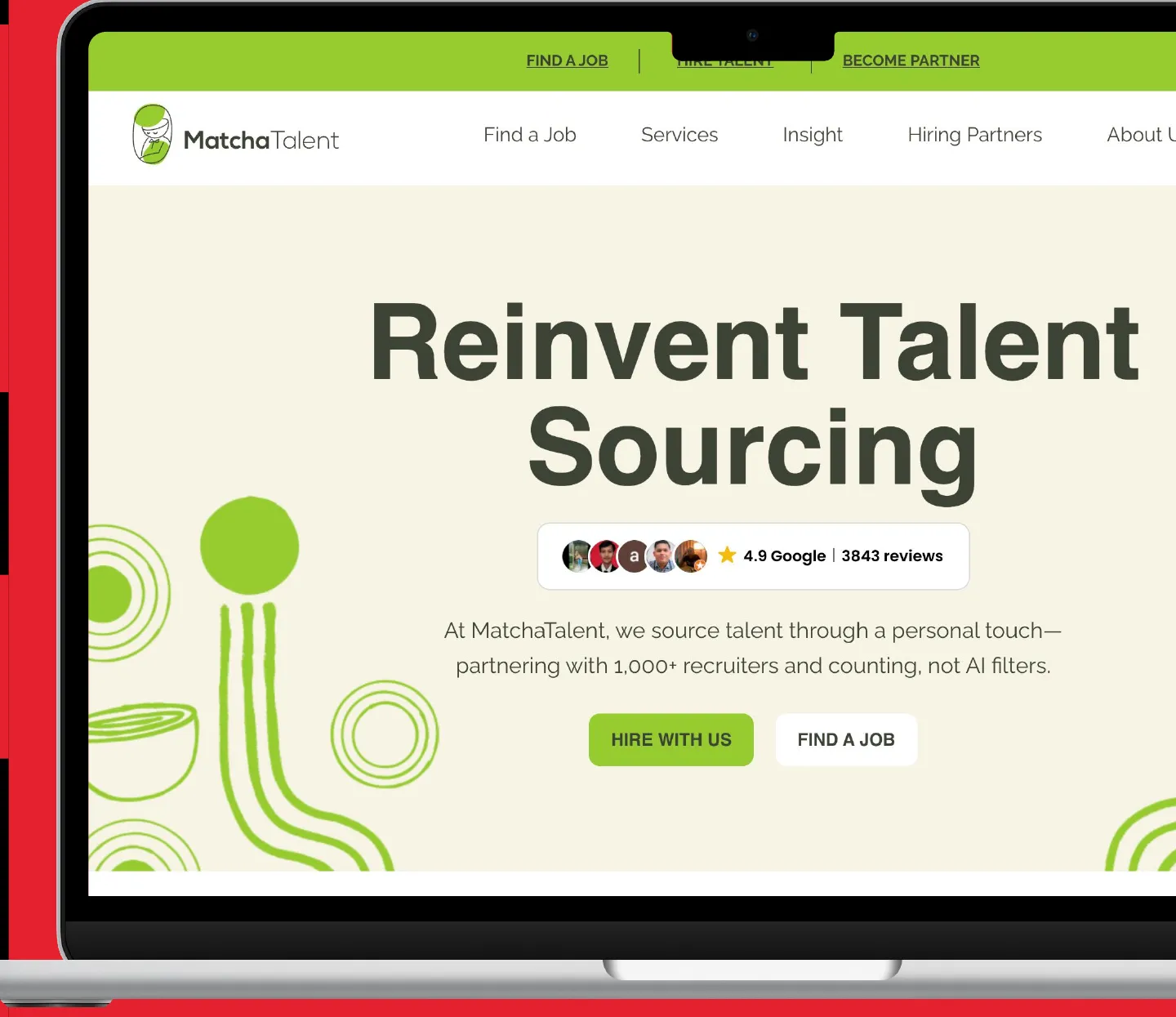 MatchaTalent website on a laptop: “Reinvent Talent Sourcing” hero on a soft green background