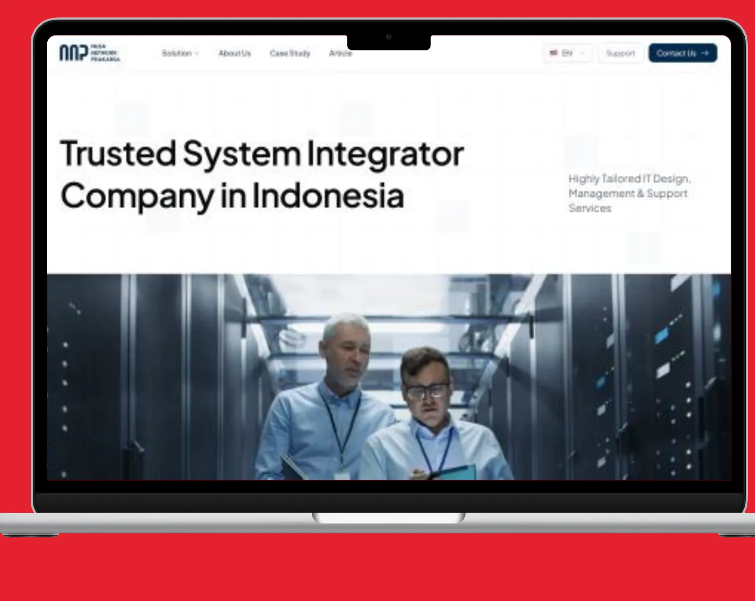 Nusa Network Prakarsa website on a laptop: “Trusted System Integrator Company in Indonesia” above a data-centre photo
