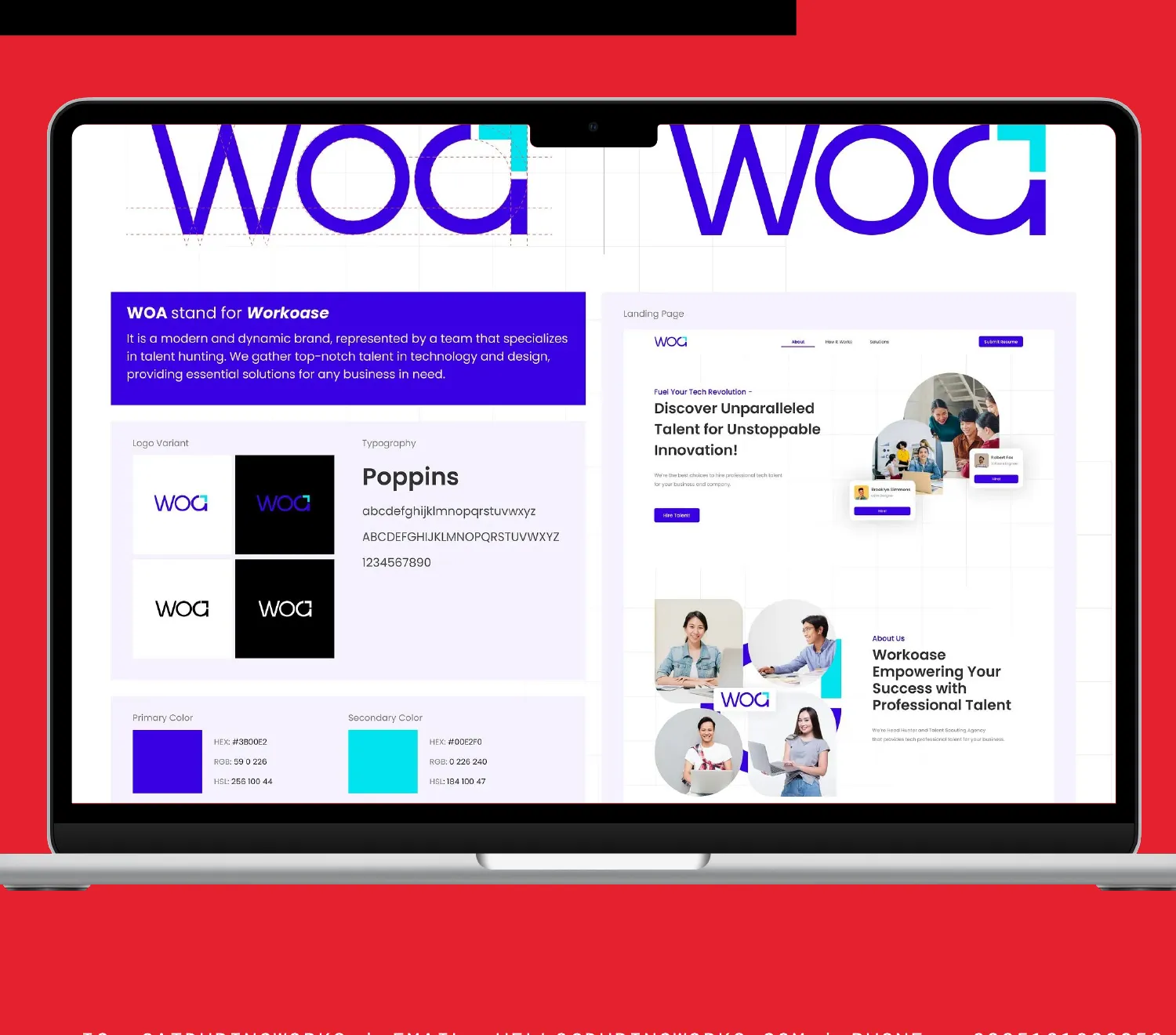 WOA Workoase brand applied to a website on a laptop, with the purple WOA wordmark and type specimens